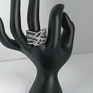 Statement Ring Black Rhinestone Cocktail‎ Party Wide Band Silver Tone